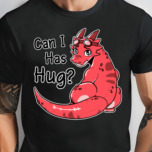 Person wearing a black t-shirt with a red dragon graphic and text 'Can I Has Hug?' on a plain background